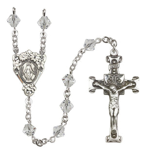Sterling Silver Floral Miraculous Medal Rosary with 6mm Austrian Crystal