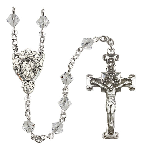Sterling Silver Floral Miraculous Medal Rosary with 6mm Austrian Crystal