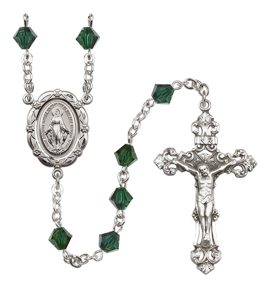 Sterling Silver Miraculous Medal Rosary with 6mm Austrian Crystal Beads