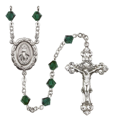 Sterling Silver Miraculous Medal Rosary with 6mm Austrian Crystal Beads