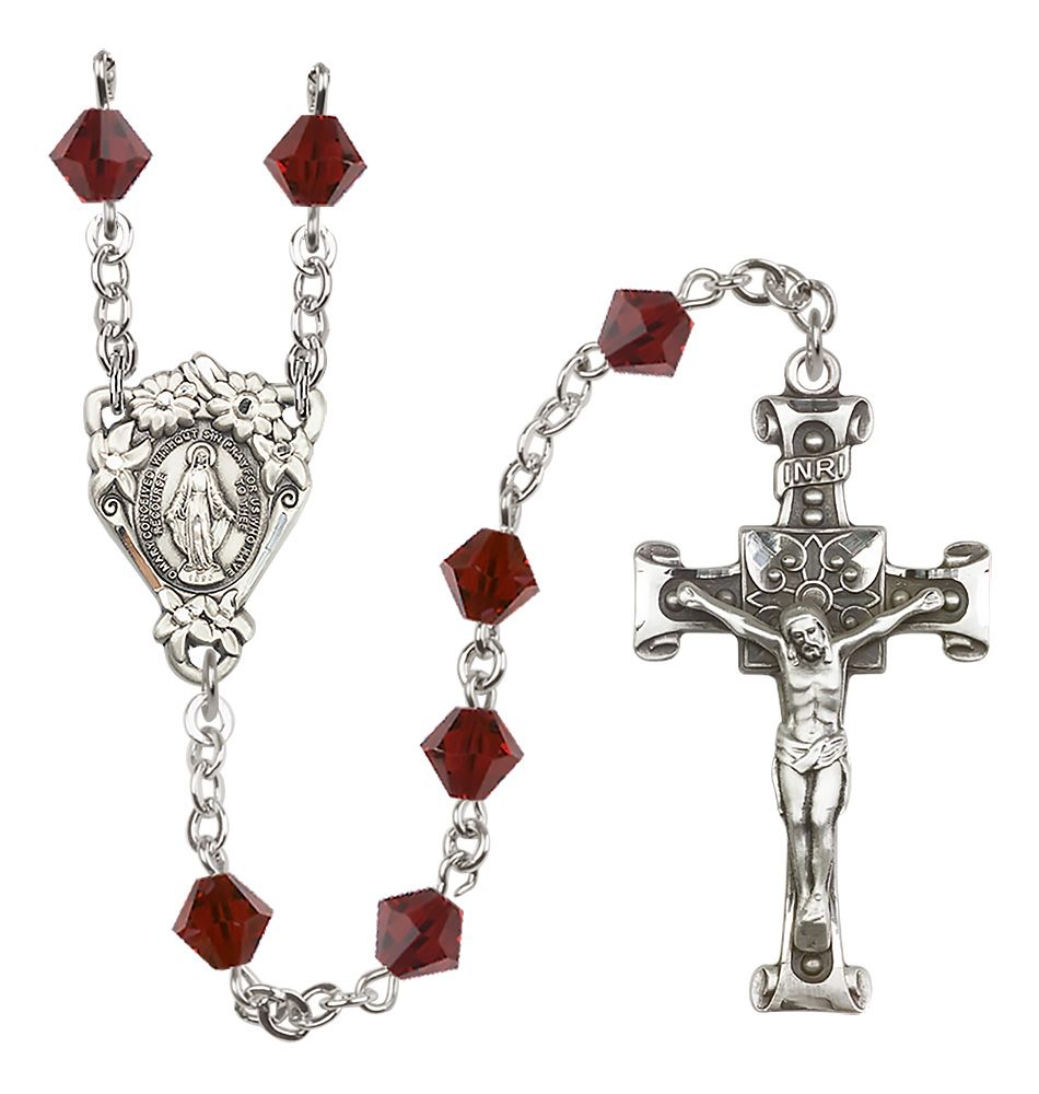 Sterling Silver Floral Miraculous Medal Rosary with 6mm Austrian Crystal