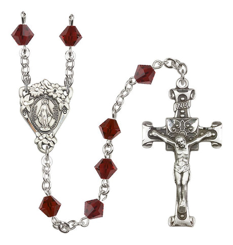 Sterling Silver Floral Miraculous Medal Rosary with 6mm Austrian Crystal