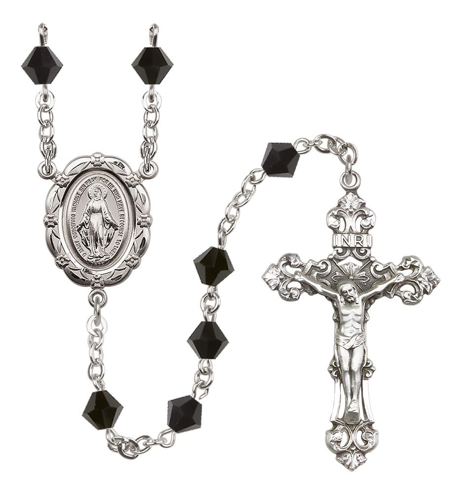 Sterling Silver Miraculous Medal Rosary with 6mm Austrian Crystal Beads