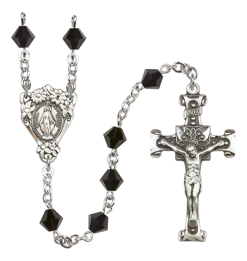 Sterling Silver Floral Miraculous Medal Rosary with 6mm Austrian Crystal
