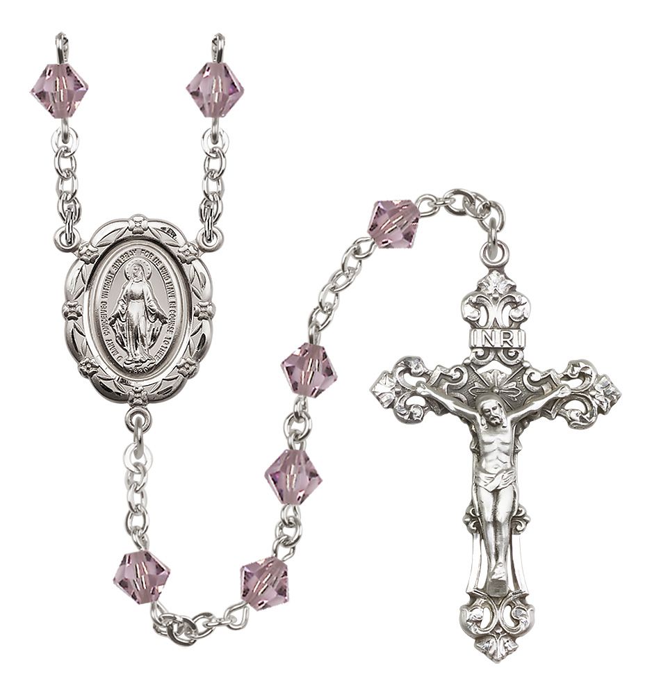 Sterling Silver Miraculous Medal Rosary with 6mm Austrian Crystal Beads