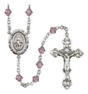 Sterling Silver Miraculous Medal Rosary with 6mm Austrian Crystal Beads