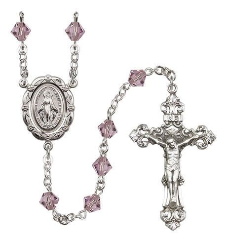 Sterling Silver Miraculous Medal Rosary with 6mm Austrian Crystal Beads