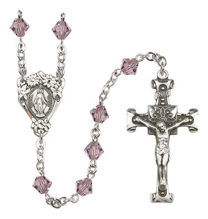 Sterling Silver Floral Miraculous Medal Rosary with 6mm Austrian Crystal