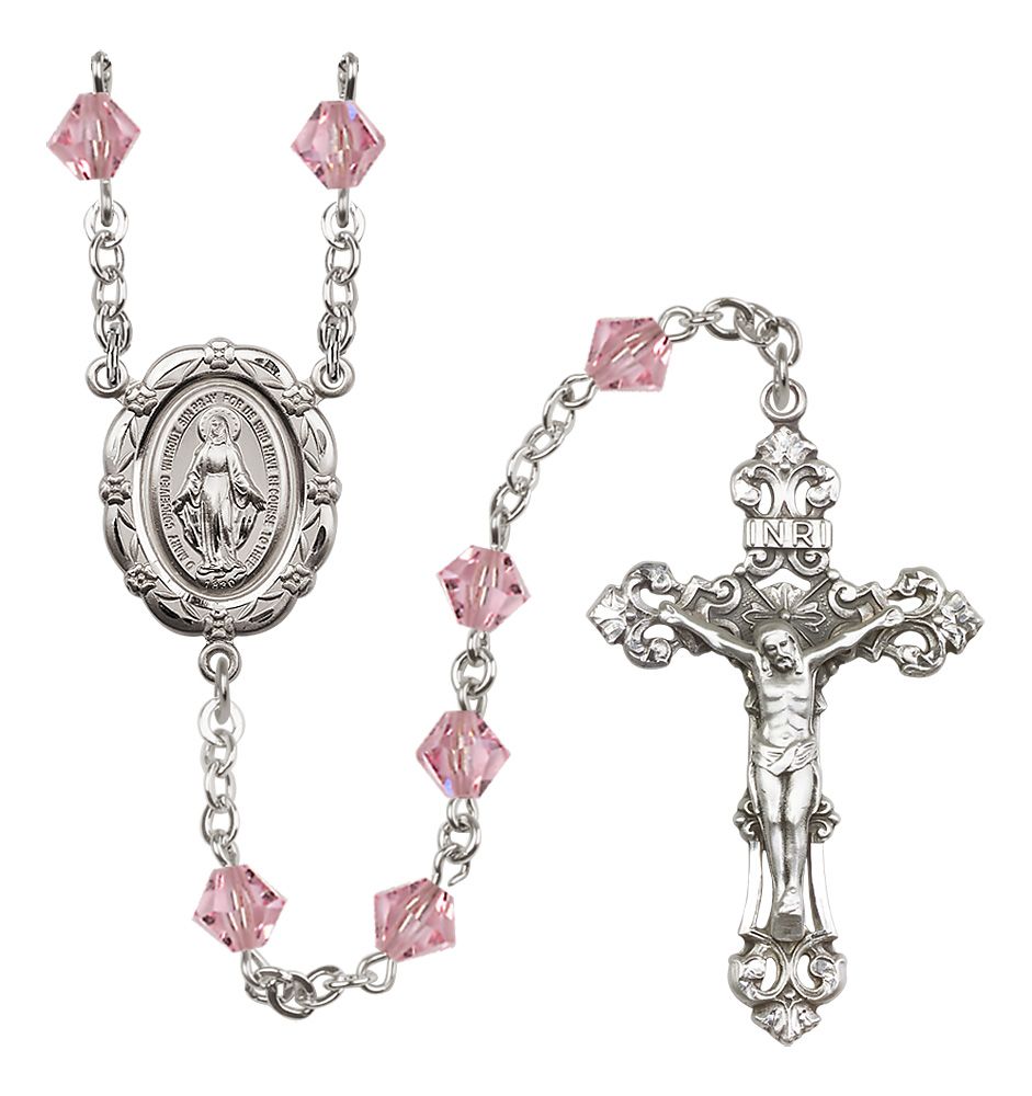 Sterling Silver Miraculous Medal Rosary with 6mm Austrian Crystal Beads
