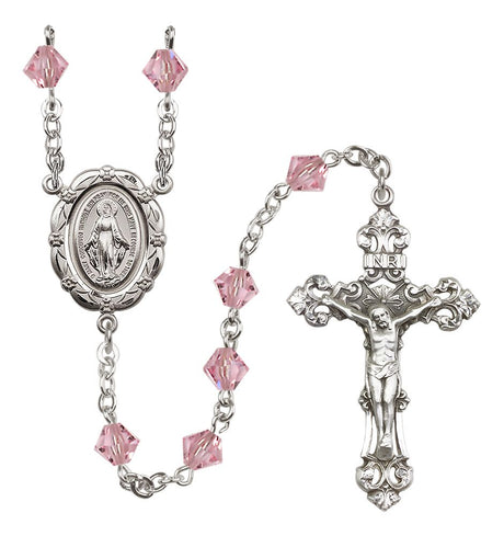 Sterling Silver Miraculous Medal Rosary with 6mm Austrian Crystal Beads