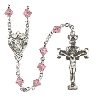 Sterling Silver Floral Miraculous Medal Rosary with 6mm Austrian Crystal