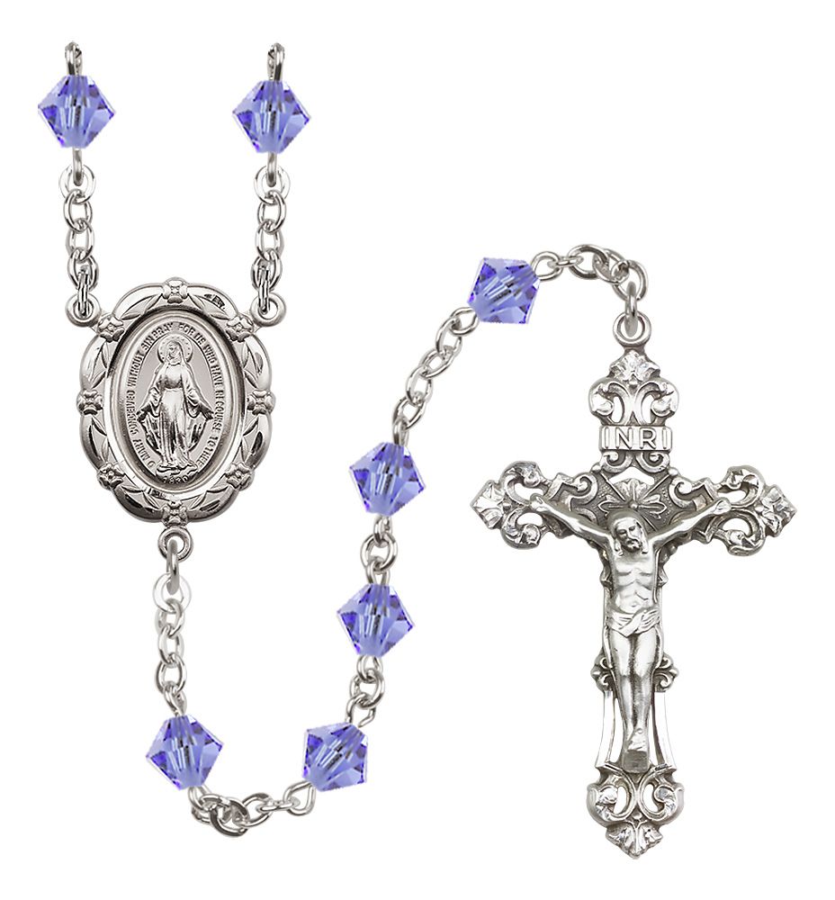 Sterling Silver Miraculous Medal Rosary with 6mm Austrian Crystal Beads