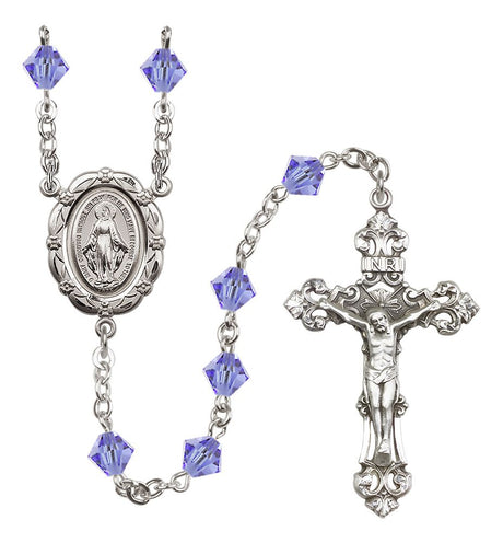 Sterling Silver Miraculous Medal Rosary with 6mm Austrian Crystal Beads