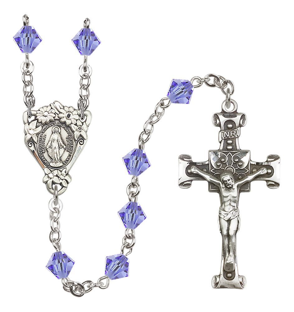 Sterling Silver Floral Miraculous Medal Rosary with 6mm Austrian Crystal