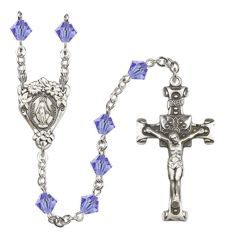 Sterling Silver Floral Miraculous Medal Rosary with 6mm Austrian Crystal