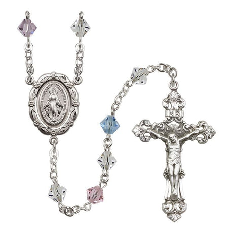 Sterling Silver Miraculous Medal Rosary with 6mm Austrian Crystal Beads