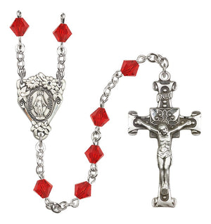 Sterling Silver Floral Miraculous Medal Rosary with 6mm Austrian Crystal