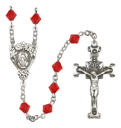 Sterling Silver Floral Miraculous Medal Rosary with 6mm Austrian Crystal