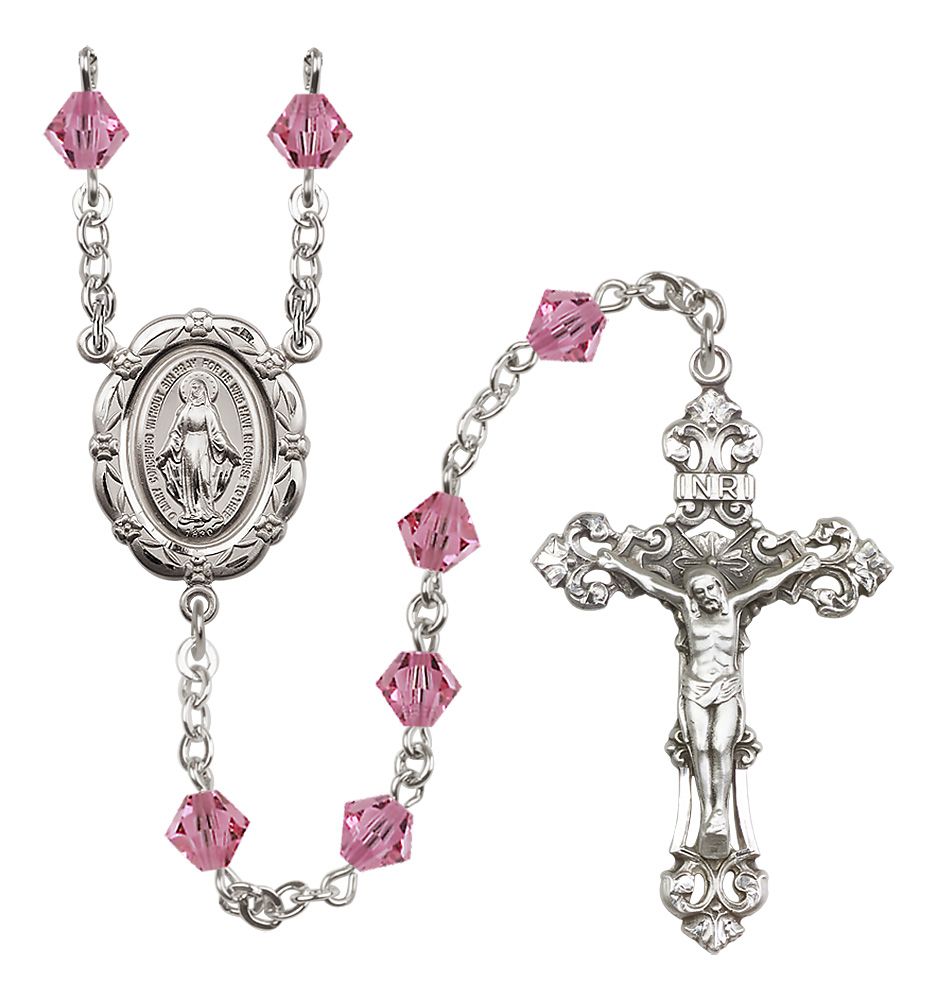 Sterling Silver Miraculous Medal Rosary with 6mm Austrian Crystal Beads