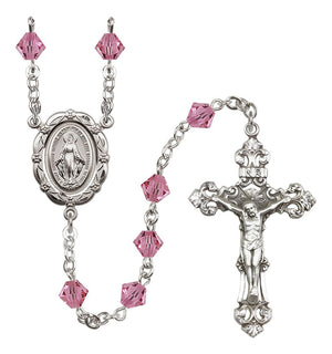 Sterling Silver Miraculous Medal Rosary with 6mm Austrian Crystal Beads