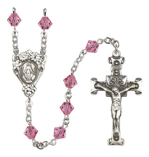 Sterling Silver Floral Miraculous Medal Rosary with 6mm Austrian Crystal