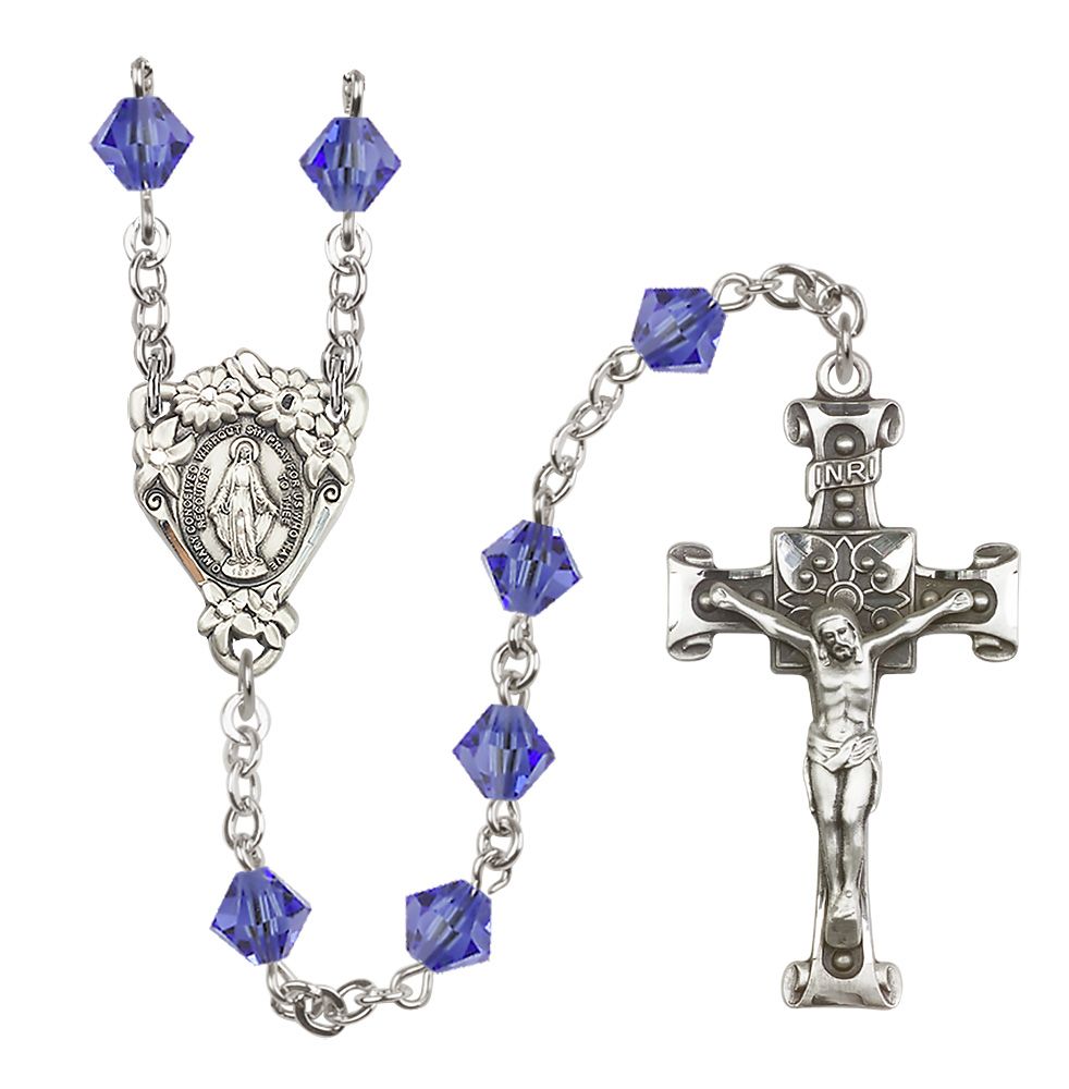 Sterling Silver Floral Miraculous Medal Rosary with 6mm Austrian Crystal