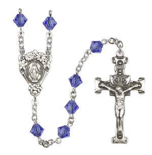 Sterling Silver Floral Miraculous Medal Rosary with 6mm Austrian Crystal