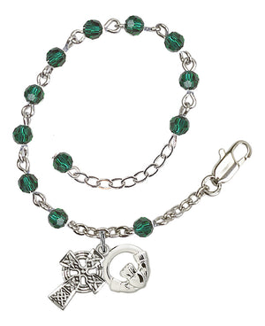 4mm Emerald Claddagh Rosary Bracelet - Silver Plate