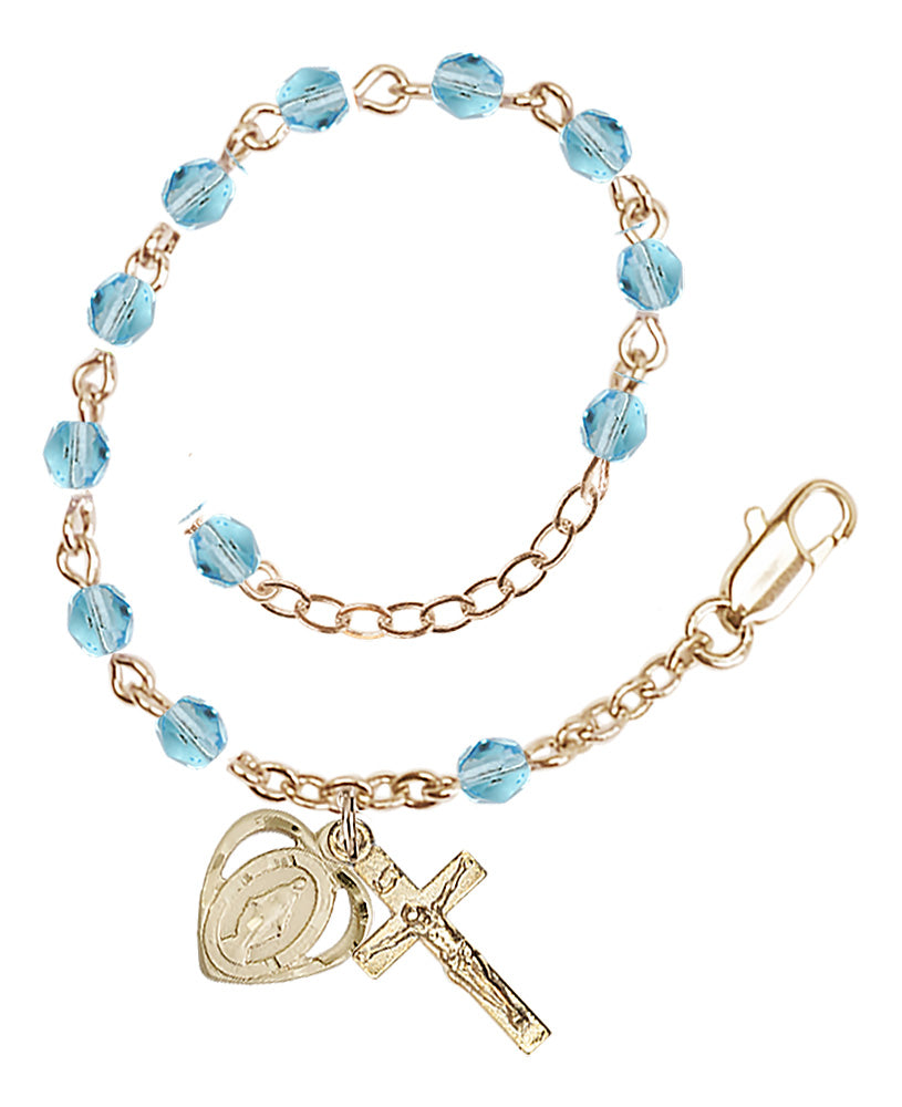 4mm Fire Polished Miraculous Heart Rosary Bracelet - Gold Plate - March - Aqua