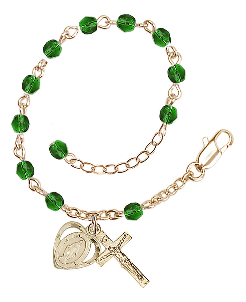 4mm Fire Polished Miraculous Heart Rosary Bracelet - Gold Plate - May - Emerald