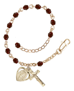 4mm Fire Polished Miraculous Heart Rosary Bracelet - Gold Plate - January - Garnet