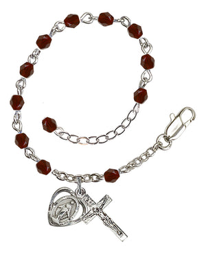 4mm Fire Polished Miraculous Heart Rosary Bracelet - Silver Plate - January - Garnet