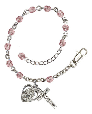 4mm Fire Polished Miraculous Heart Rosary Bracelet - Silver Plate - June - Light Amethyst
