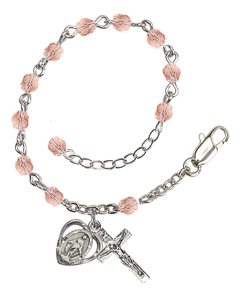 4mm Fire Polished Miraculous Heart Rosary Bracelet - Silver Plate - Light Rose