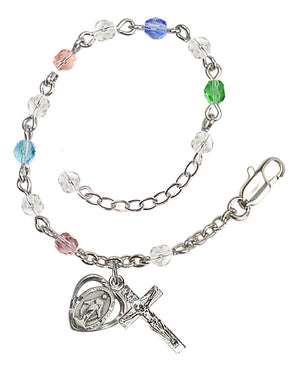 4mm Fire Polished Miraculous Heart Rosary Bracelet - Silver Plate - Multi-Color