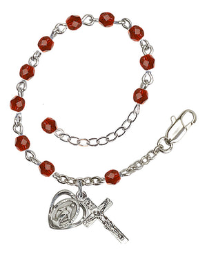 4mm Fire Polished Miraculous Heart Rosary Bracelet - Silver Plate - July - Ruby