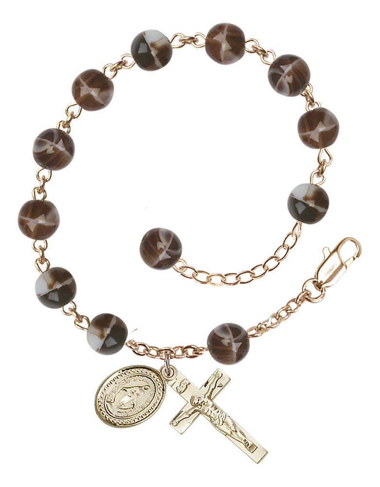 7mm Brown Bead Miraculous Rosary Bracelet - Gold Plate