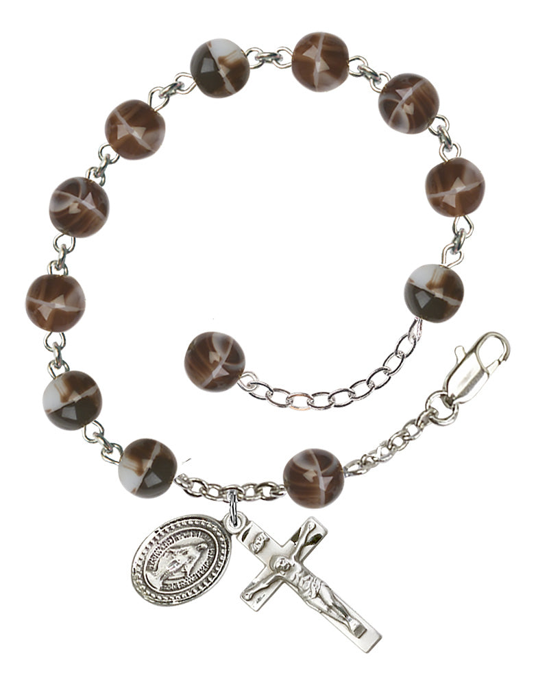 7mm Brown Bead Miraculous Rosary Bracelet - Silver Plate