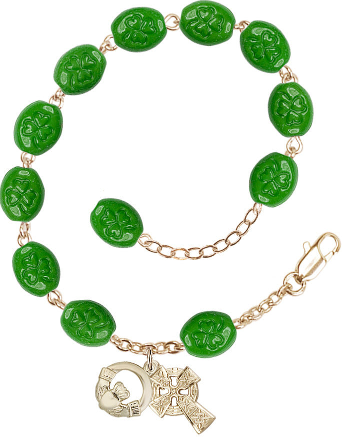 Claddagh Flat Shamrock Rosary Bracelet - Gold Plate