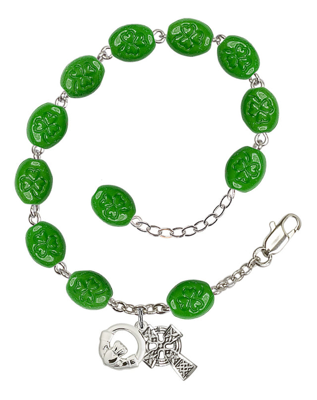 Claddagh Flat Shamrock Rosary Bracelet - Silver Plate