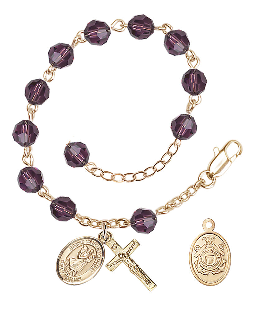 Saint Christopher Coast Guard Rosary Bracelet, 6mm Austrian Crystal - Gold Plate - Amethyst