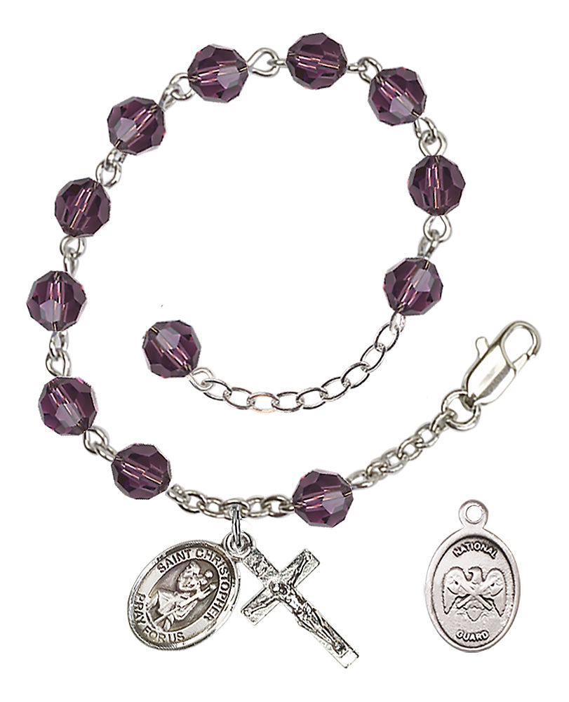 Saint Christopher National Guard Rosary Bracelet, 6mm Austrian Crystal - Silver Plate - Amethyst