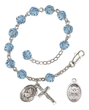 Saint Christopher National Guard Rosary Bracelet, 6mm Austrian Crystal - Silver Plate - Aqua