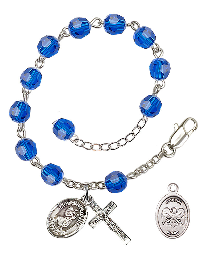 Saint Christopher National Guard Rosary Bracelet, 6mm Austrian Crystal - Silver Plate - Capri Blue