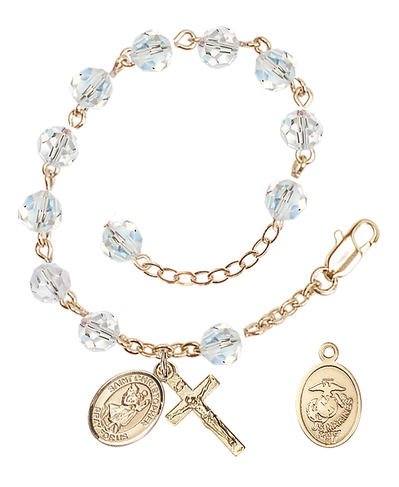 Saint Christopher Marines Rosary Bracelet, 6mm Austrian Crystal - Gold Plate - Crystal