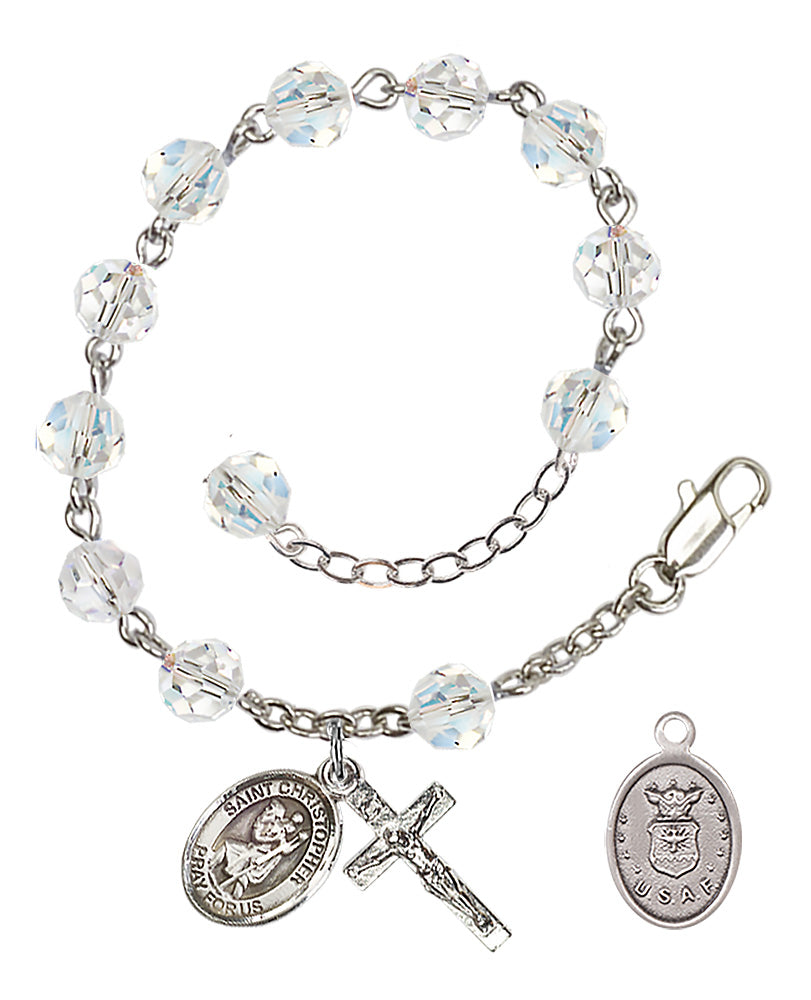 Saint Christopher Air Force Rosary Bracelet, 6mm Austrian Crystal