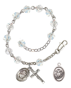 Saint Christopher Marines Rosary Bracelet, 6mm Austrian Crystal - Silver Plate - Crystal