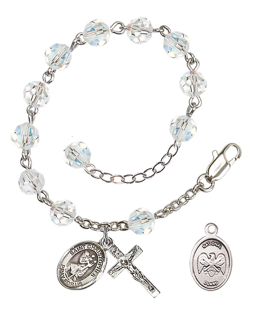 Saint Christopher National Guard Rosary Bracelet, 6mm Austrian Crystal - Silver Plate - Crystal