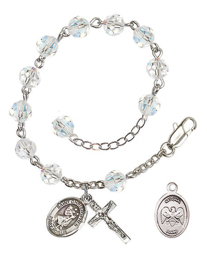 Saint Christopher National Guard Rosary Bracelet, 6mm Austrian Crystal - Silver Plate - Crystal