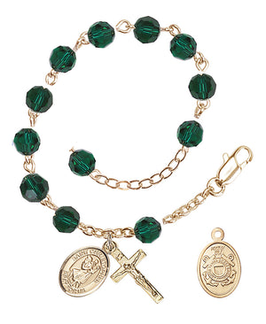 Saint Christopher Coast Guard Rosary Bracelet, 6mm Austrian Crystal - Gold Plate - Emerald